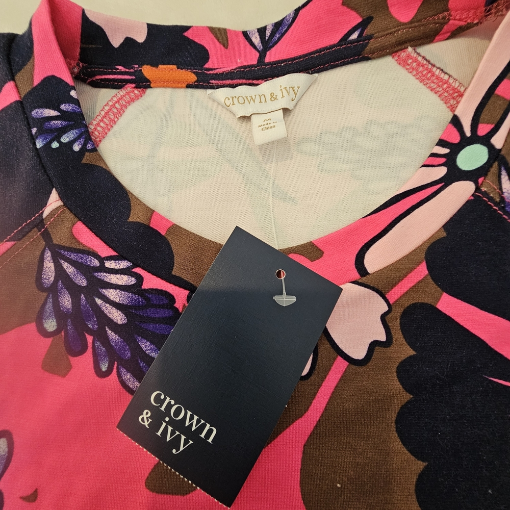 NWT Crown & Ivy Vibrant Pink and Brown Floral Tee - Picture 11 of 12